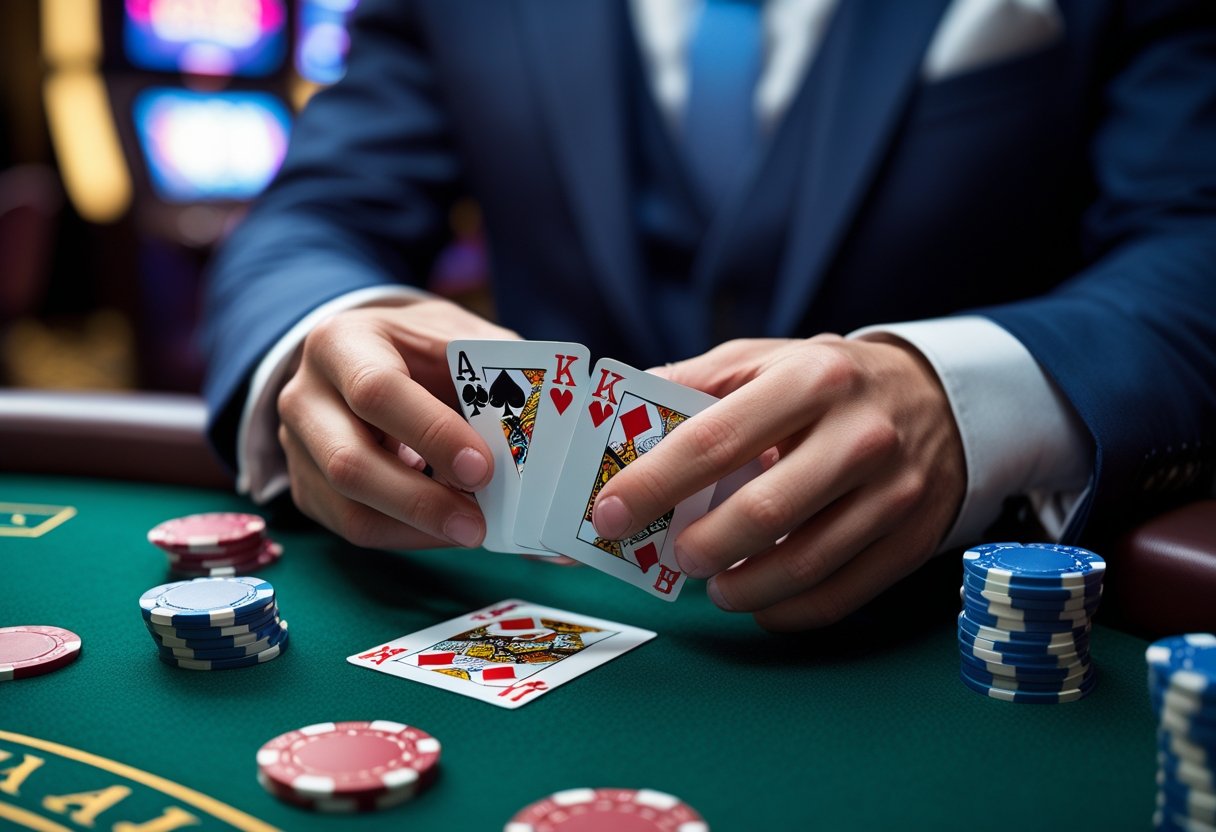 A person holding playing cards at a blackjack table with poker chips nearby in a casino setting.