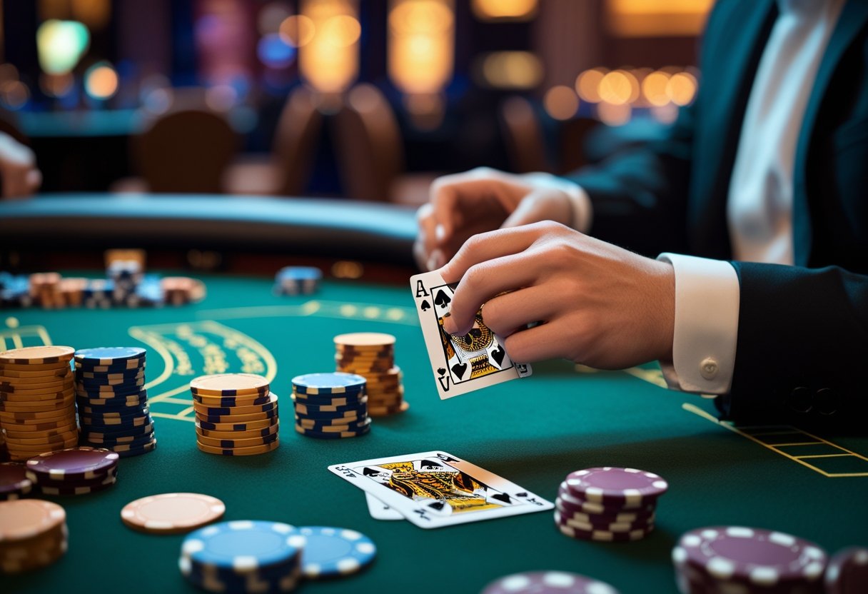 A player and dealer at a blackjack table with playing cards and chips, the player holding cards close to their chest.