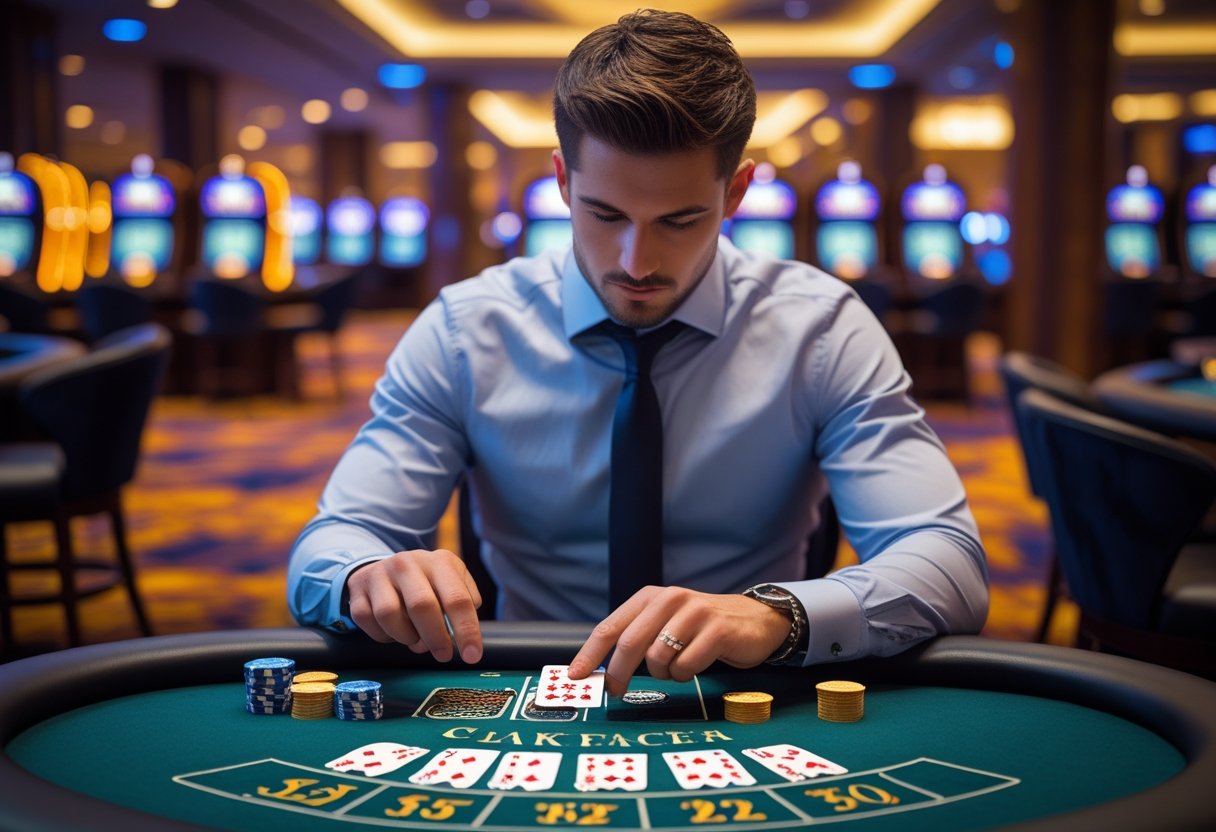 A man concentrating at a blackjack table in a casino, tracking playing cards with his fingers.