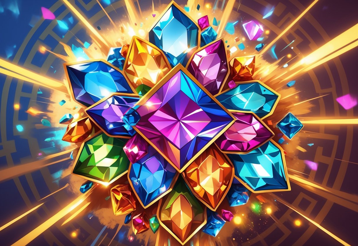 Ilustrasi permata warna-warni dengan pola geometris Aztec yang berkilauan dan efek cahaya yang menunjukkan gerakan cepat.