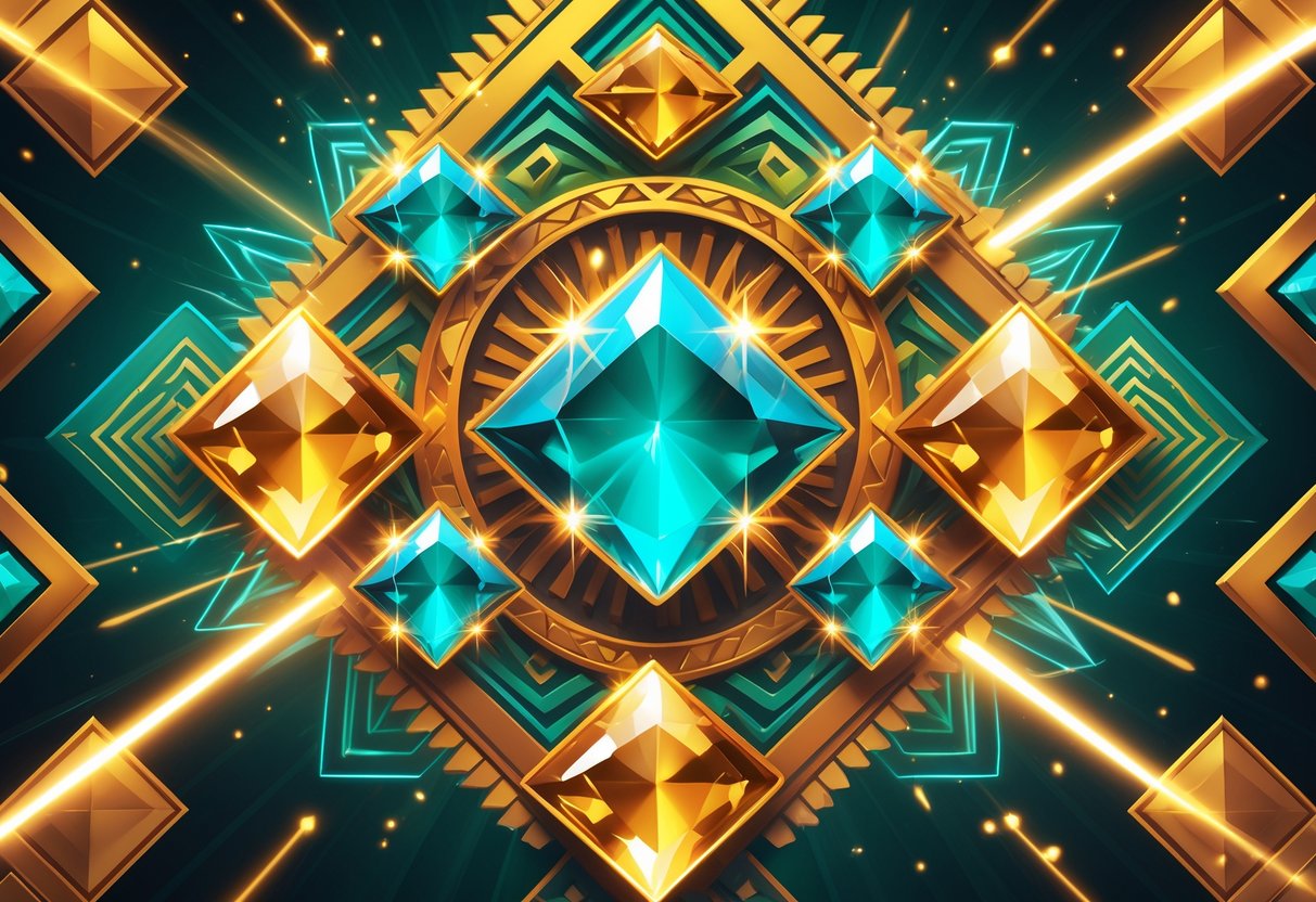 Ilustrasi permata Aztec berwarna cerah dengan pola geometris dan simbol scatter yang bersinar, menunjukkan suasana permainan slot yang dinamis dan menarik.