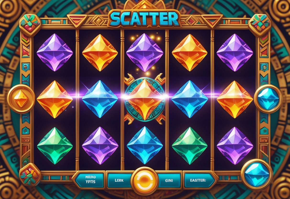 Ilustrasi mesin slot bertema Aztec dengan permata berwarna cerah dan simbol scatter yang berkilau di latar belakang motif Aztec kuno.