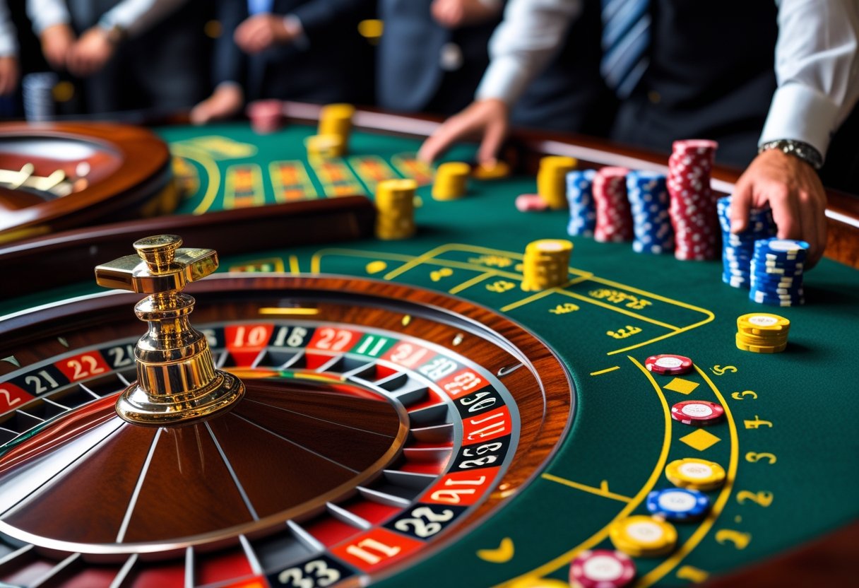 A roulette wheel spinning with chips on a green betting table and blurred people in the background.