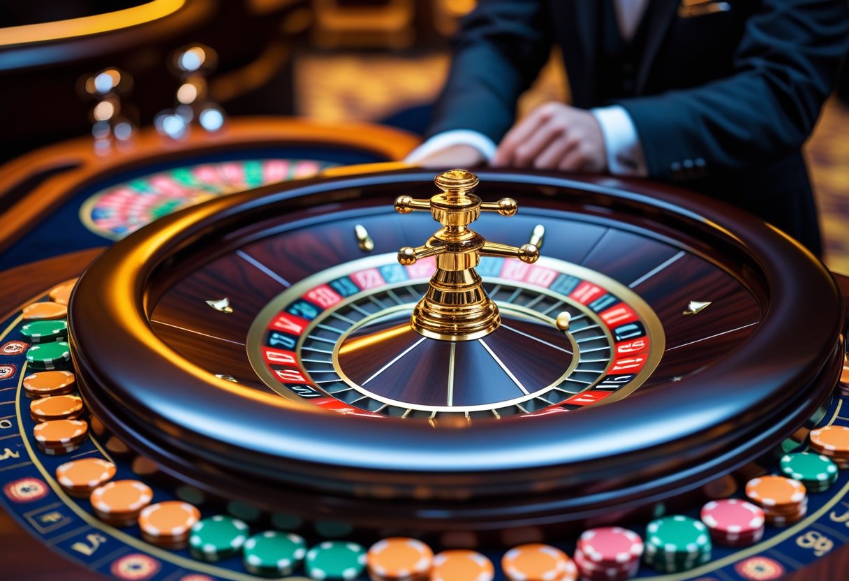 A close-up of a live roulette wheel spinning with chips on a casino table and a dealer managing the game.