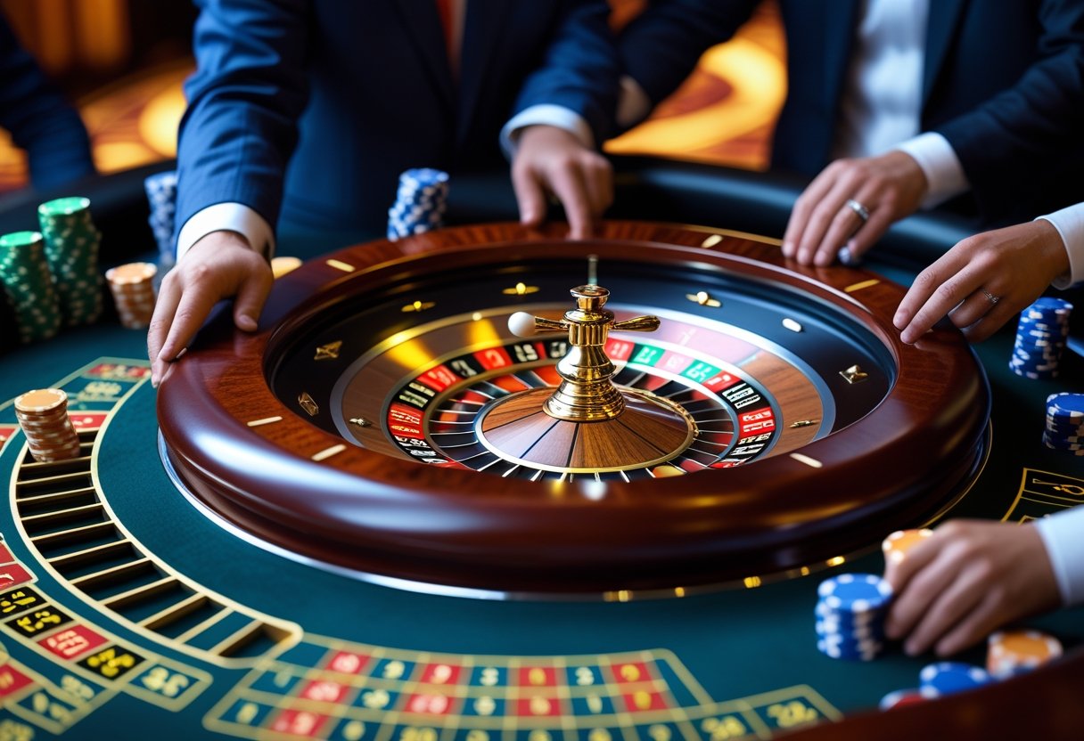 Close-up of a live roulette wheel spinning with players placing chips on the betting table and a dealer overseeing the game.