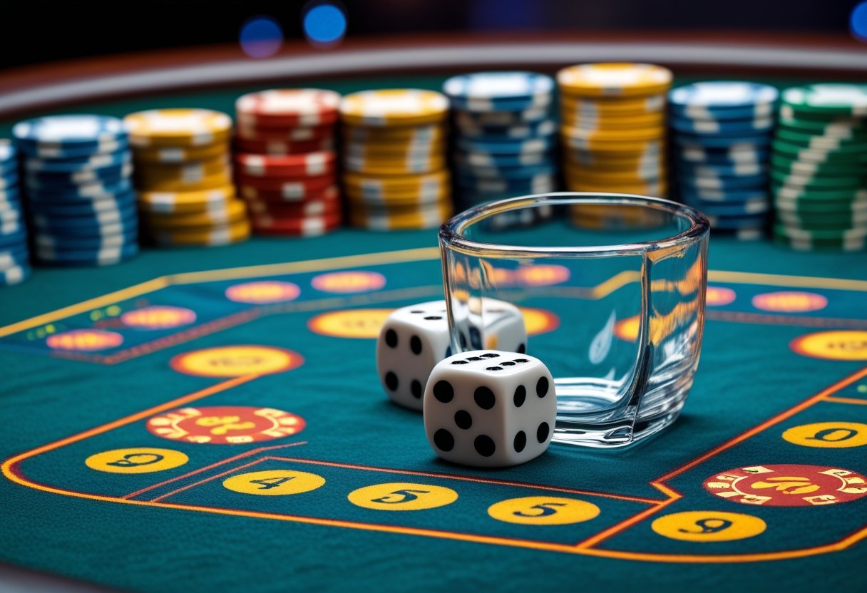 A Sic Bo game setup with a glass dice shaker containing three dice and colorful betting chips on a casino table.