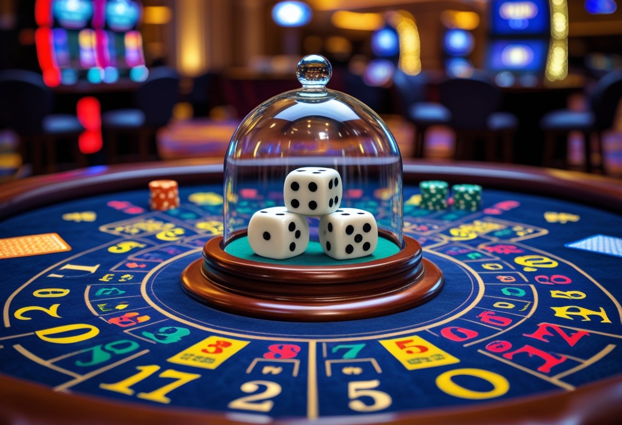 A casino table with three dice under a glass dome and colorful betting areas for Sic Bo.