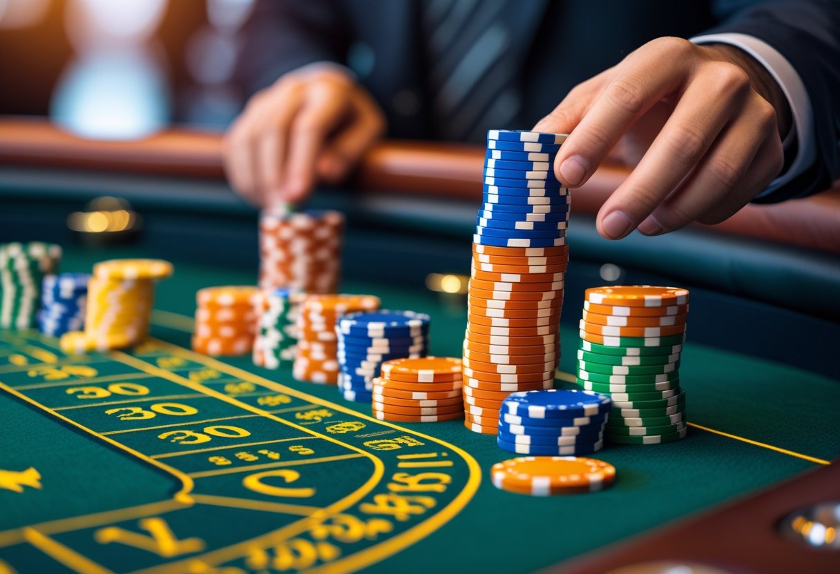 Close-up of a hand placing stacked casino chips on a roulette table with green felt.