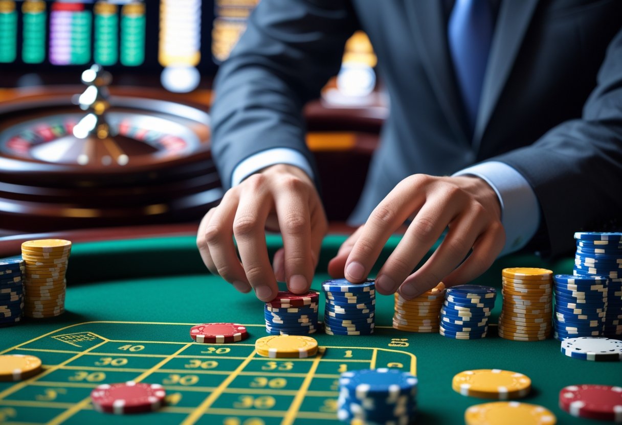 Close-up of hands placing poker chips on a roulette table with a roulette wheel and betting charts in the background.