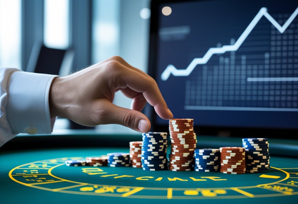 A hand placing poker chips on a casino betting table with stacks of chips increasing in size, illustrating a progressive betting strategy.