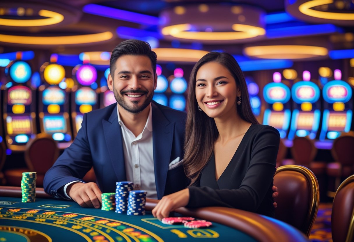 A man and woman sitting at a casino table with poker chips and slot machines in the background, smiling and enjoying the game.