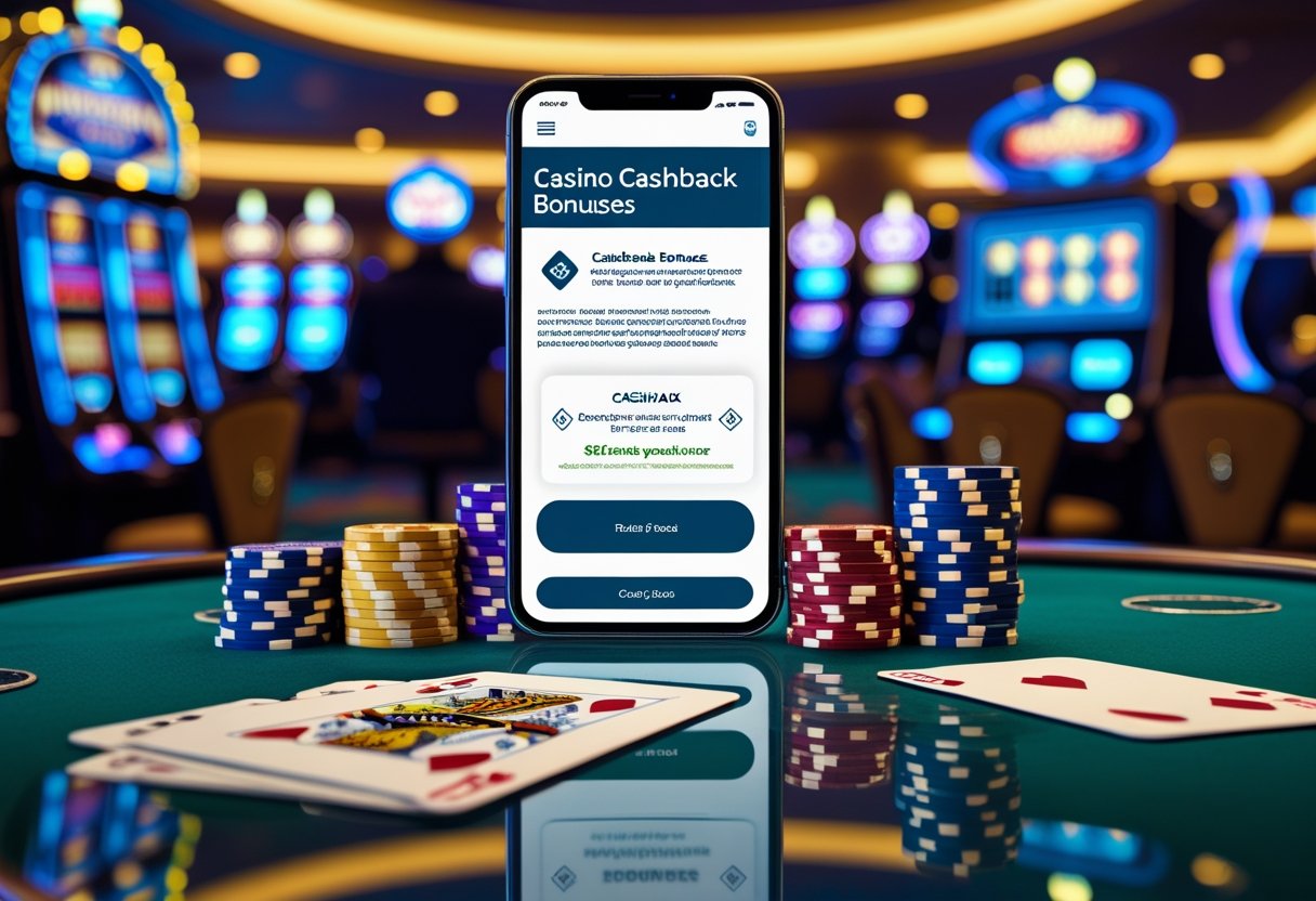 A casino table with poker chips, playing cards, and a smartphone displaying a cashback notification, with slot machines and a roulette wheel blurred in the background.