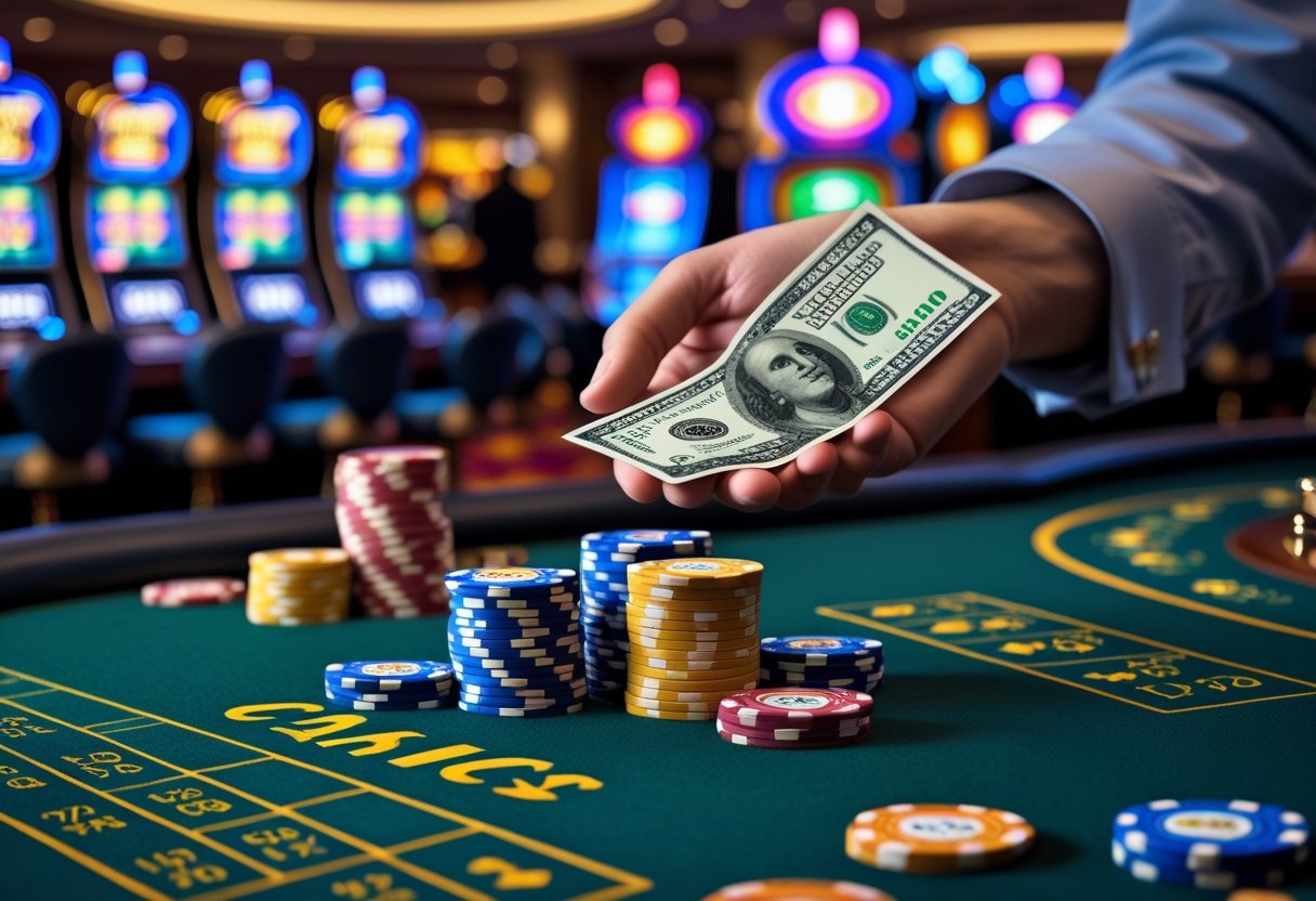 A person holding casino chips and cash with slot machines and a roulette table in the background.