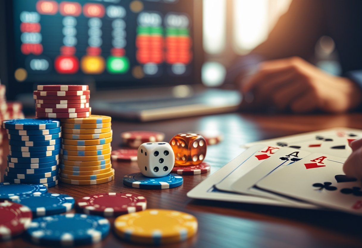 Close-up of poker chips, dice, and playing cards on a table with a blurred digital betting odds screen in the background.