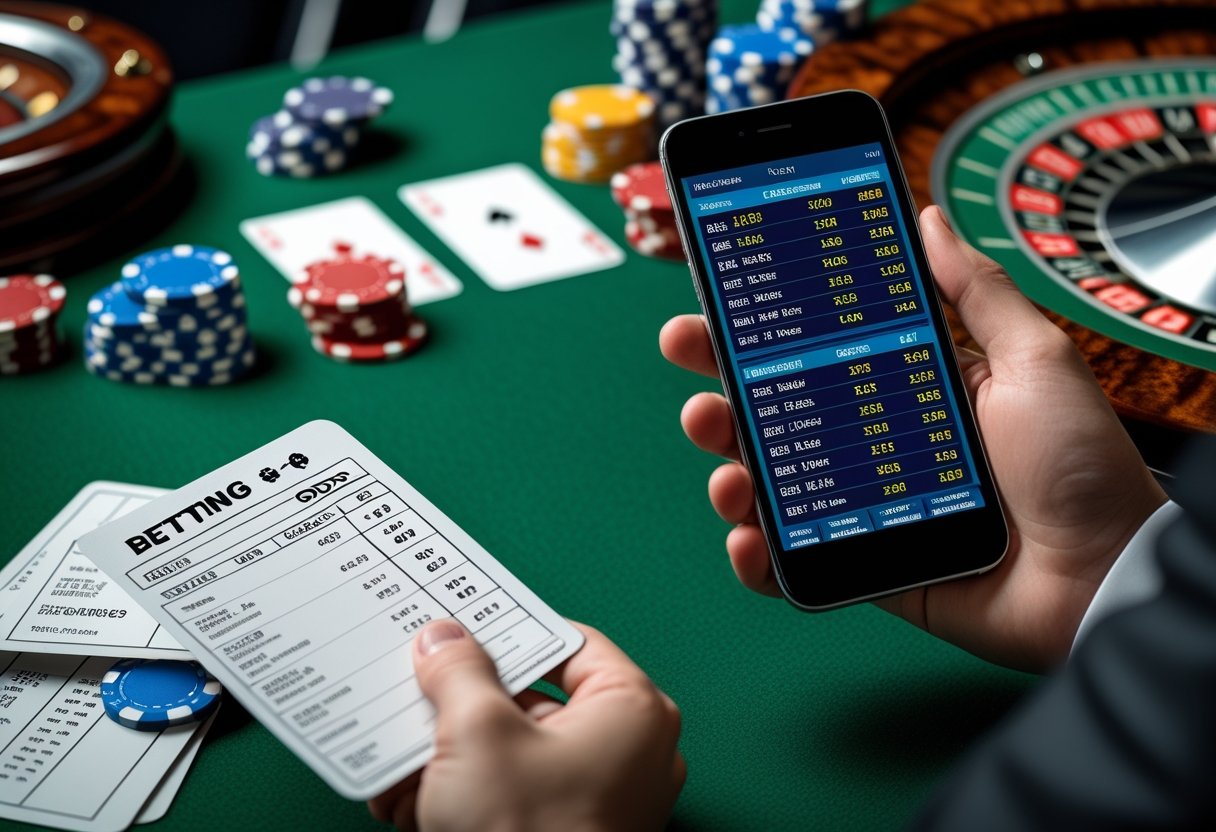 Close-up of hands holding betting slips and a smartphone showing betting odds, with poker chips, playing cards, and a roulette wheel on a casino table in the background.