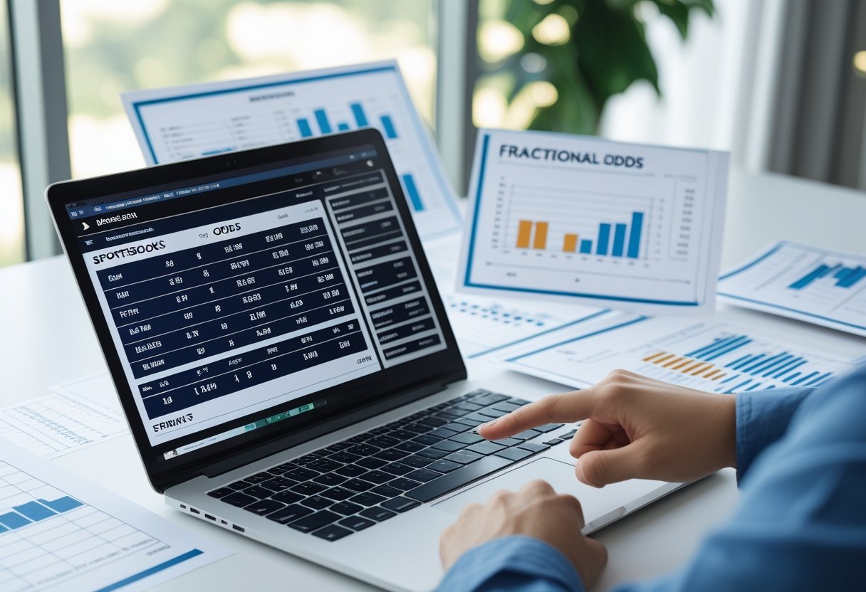 A workspace with a laptop showing different types of betting odds and printed charts, with a hand pointing at the screen.