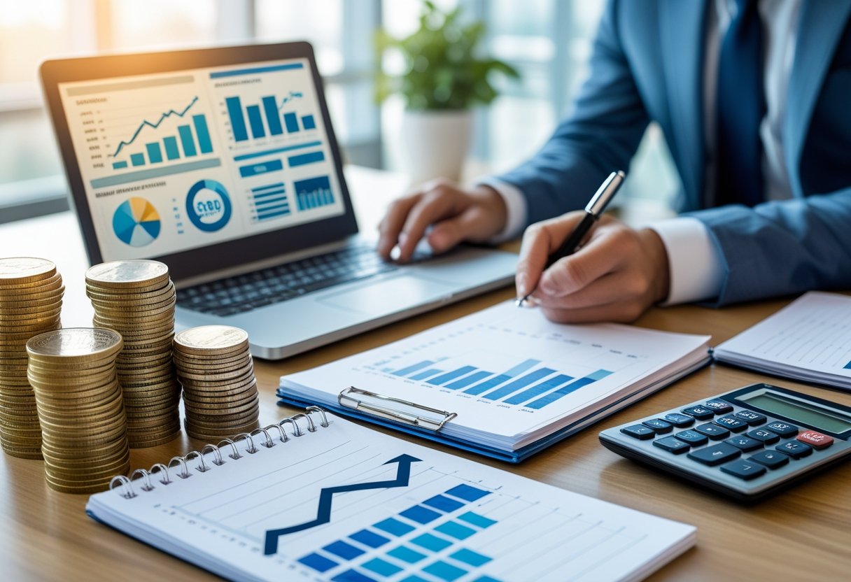 A person analyzing financial charts on a laptop with money, a calculator, and a notepad on a desk in an office.