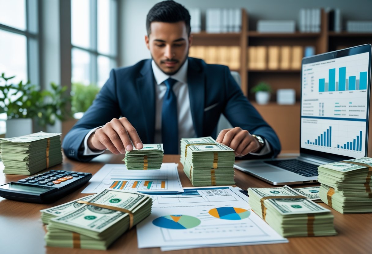 A businessperson organizing cash and financial documents at a desk in an office.