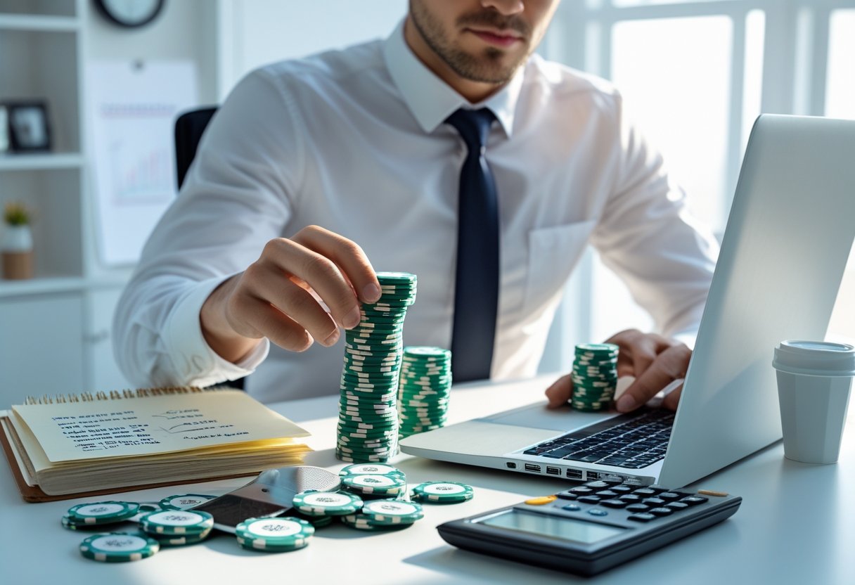 A person at a desk organizing cash, poker chips, and financial documents while working on a laptop.