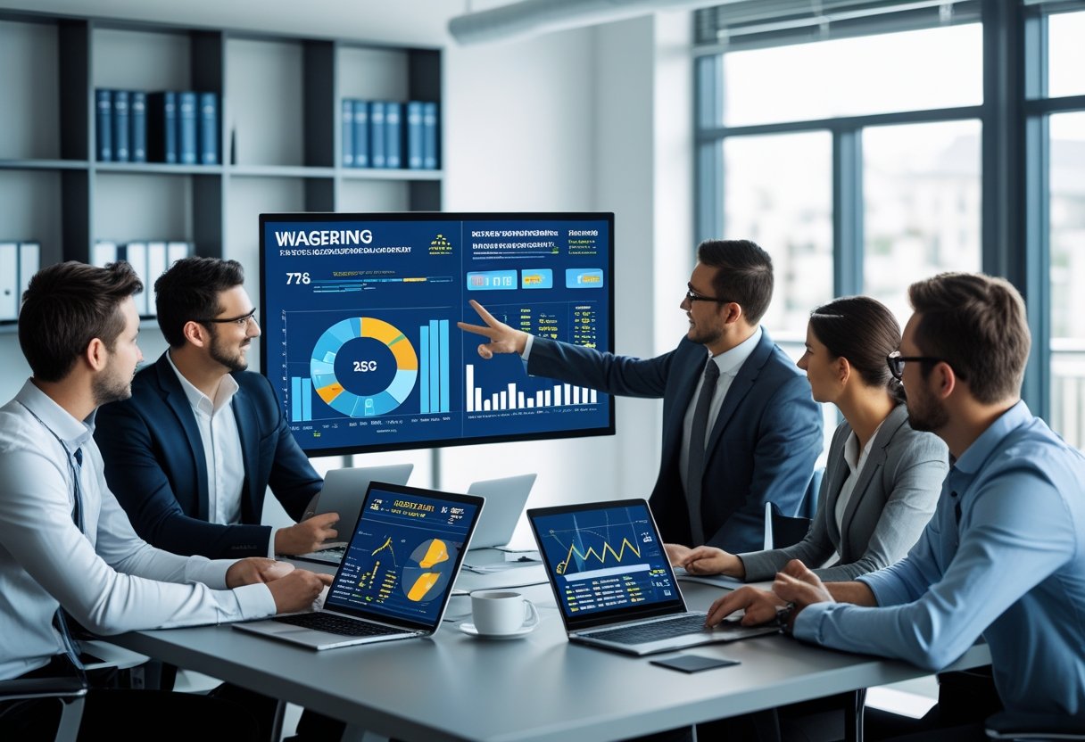 A group of business professionals analyzing charts and data on laptops and a large screen in a modern office.