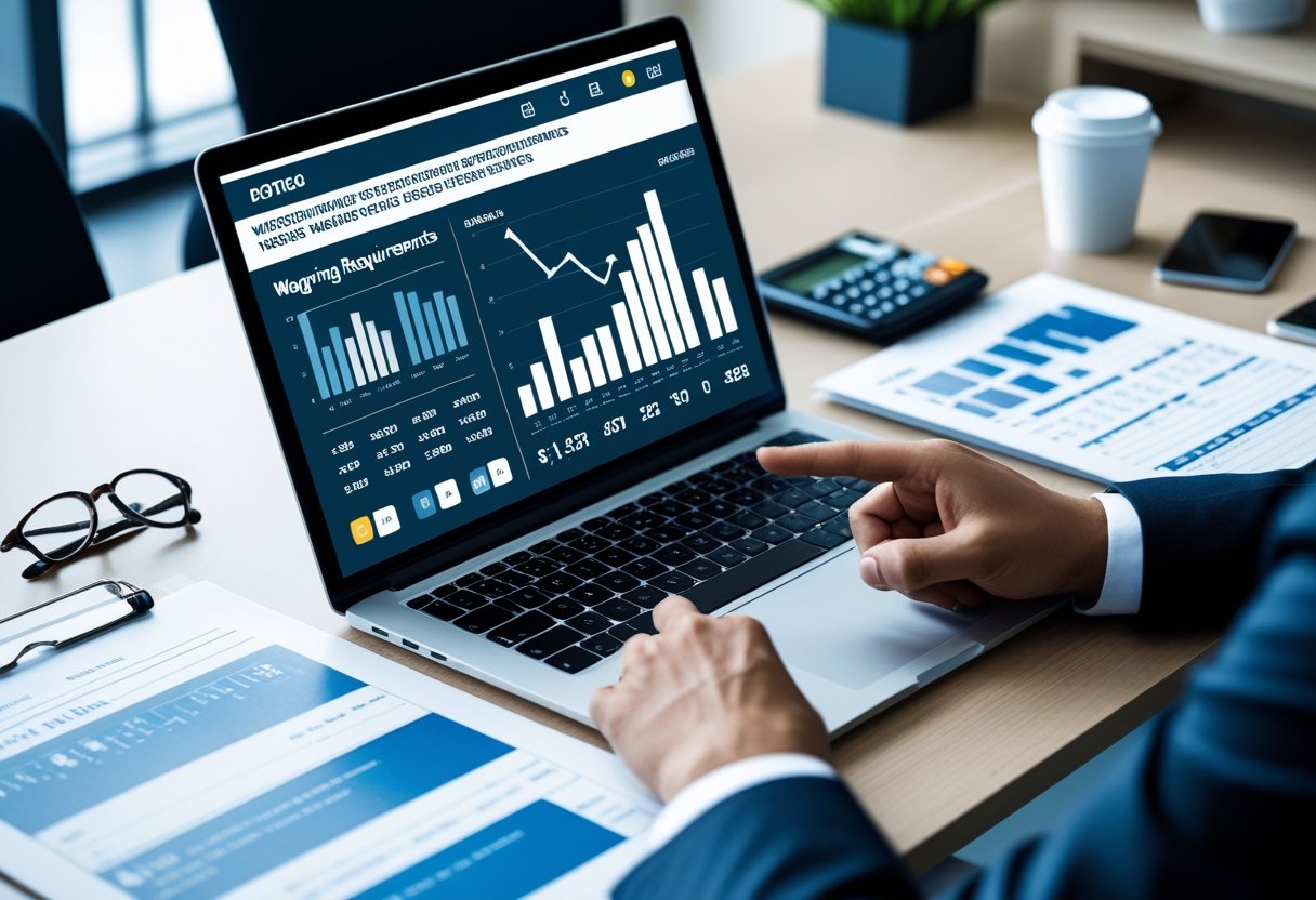 A person pointing at a laptop screen showing charts and graphs with documents and a calculator on a desk in a bright office.