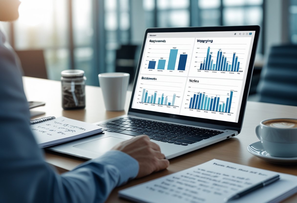 A modern workspace with a laptop showing graphs, a calculator, a notepad, and a cup of coffee on a desk in an office setting.