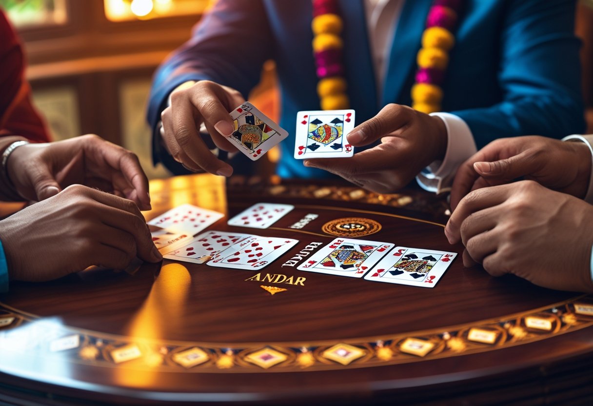 A close-up of hands dealing playing cards on a wooden table during an Andar Bahar card game with players around the table.
