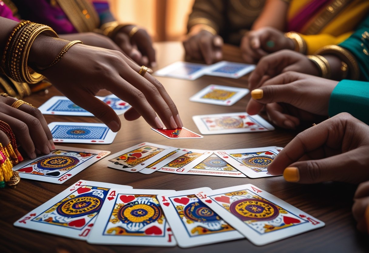 Hands playing a traditional Indian card game with cards spread on a wooden table.