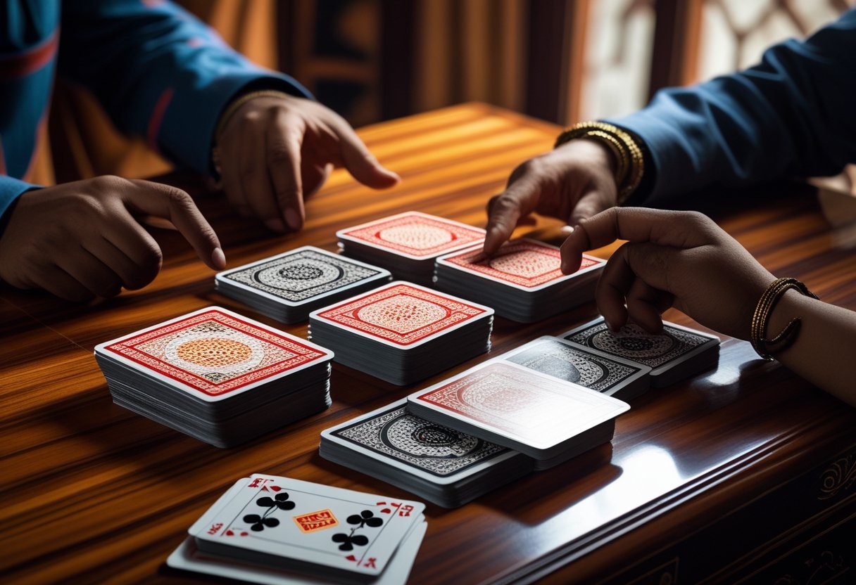 Hands playing a card game with two piles of cards on a wooden table.