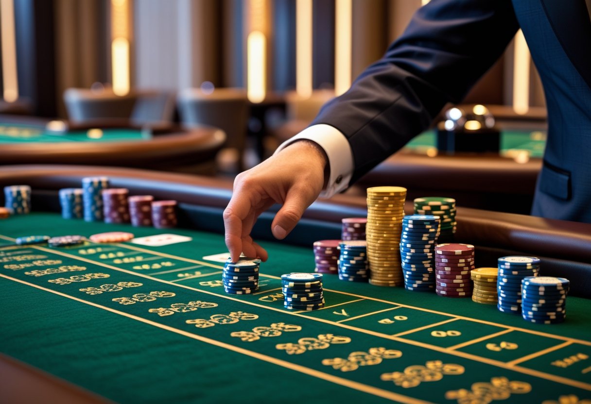A casino baccarat table with chips and a dealer's hand placing bets on side bet areas.