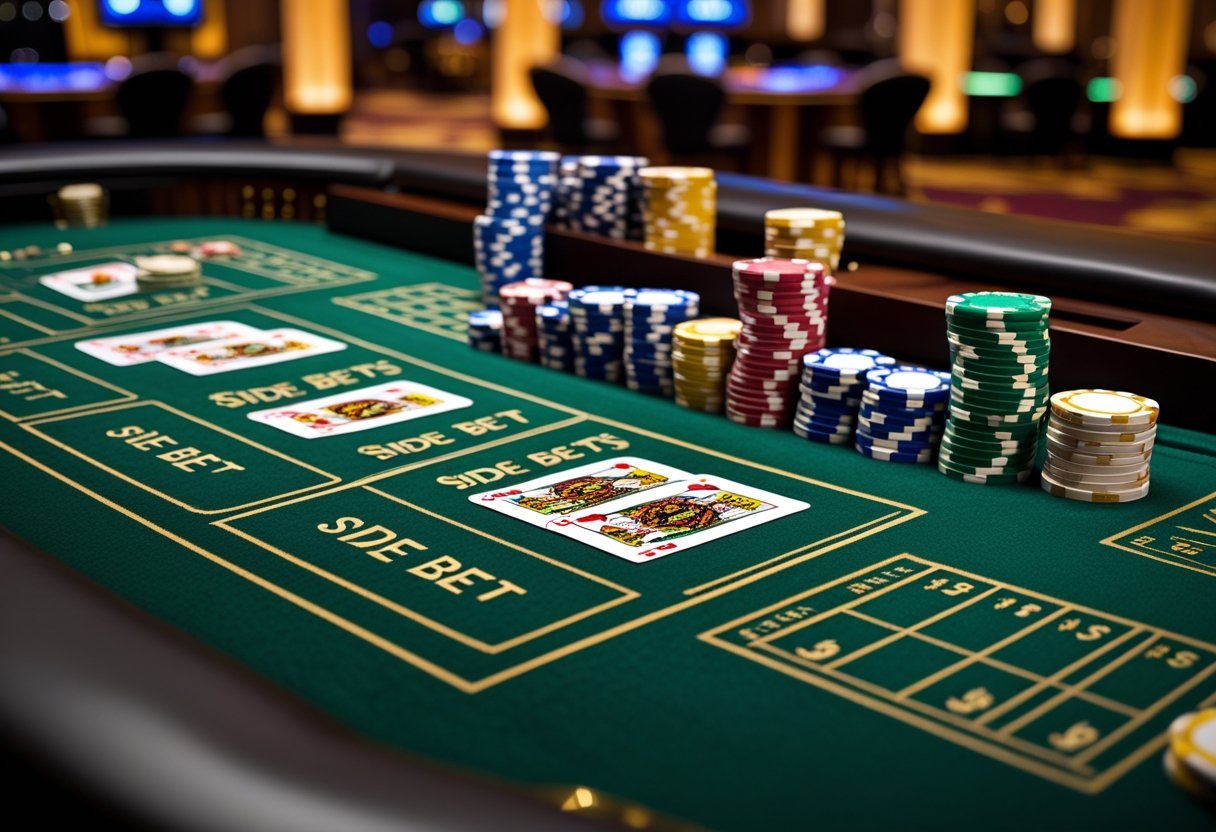 Close-up of a baccarat table with cards and chips arranged on side bet areas in a casino.