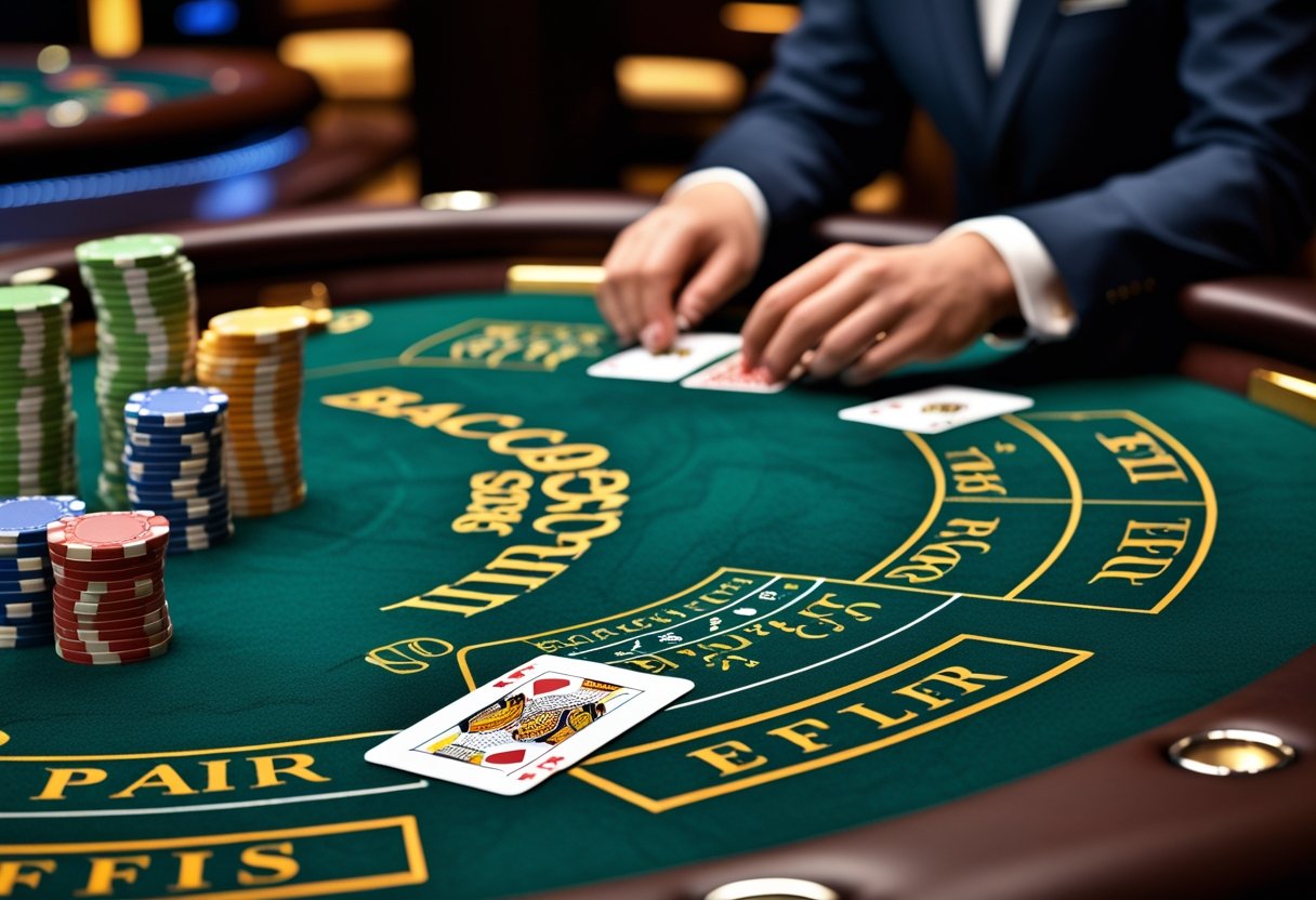 A baccarat table with side bet areas and stacks of chips, a dealer dealing cards in a casino setting.