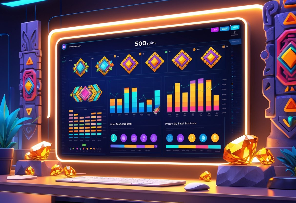 Ilustrasi profesional menunjukkan analisis hasil 500 putaran permainan Aztec Gems dengan grafik dan elemen bertema Aztec di ruang kerja modern.