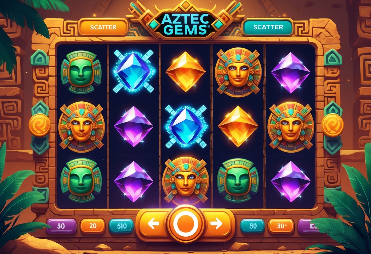 Ilustrasi mesin slot bertema Aztek dengan simbol permata dan pola scatter yang muncul berulang di gulungan.