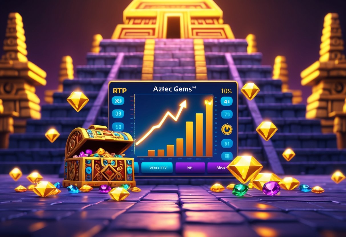 Ilustrasi sebuah kuil Aztec dengan permata berkilauan dan simbol scatter tersebar, menggambarkan konsep RTP, volatilitas, dan potensi kemenangan maksimum dalam permainan Aztec Gems.