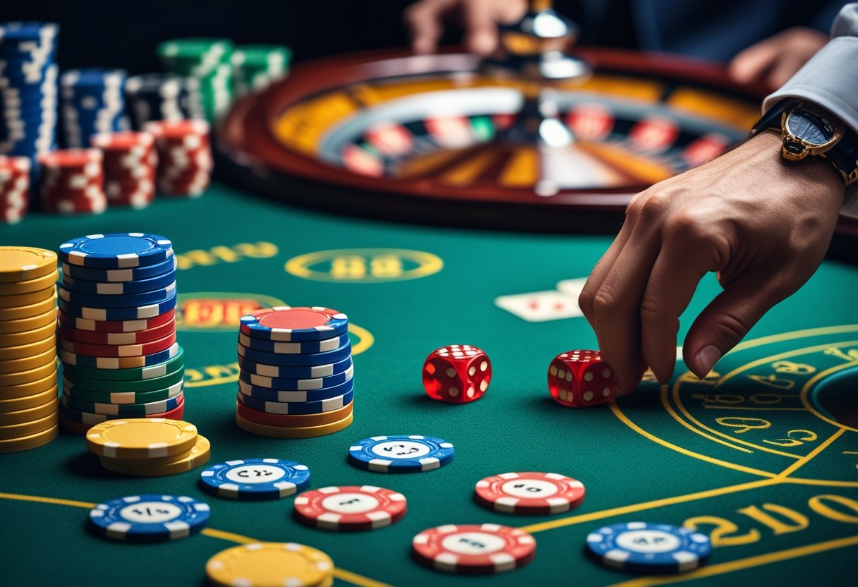 Close-up of a casino table with poker chips, dice, and a hand placing a bet, with a roulette wheel and playing cards in the background.