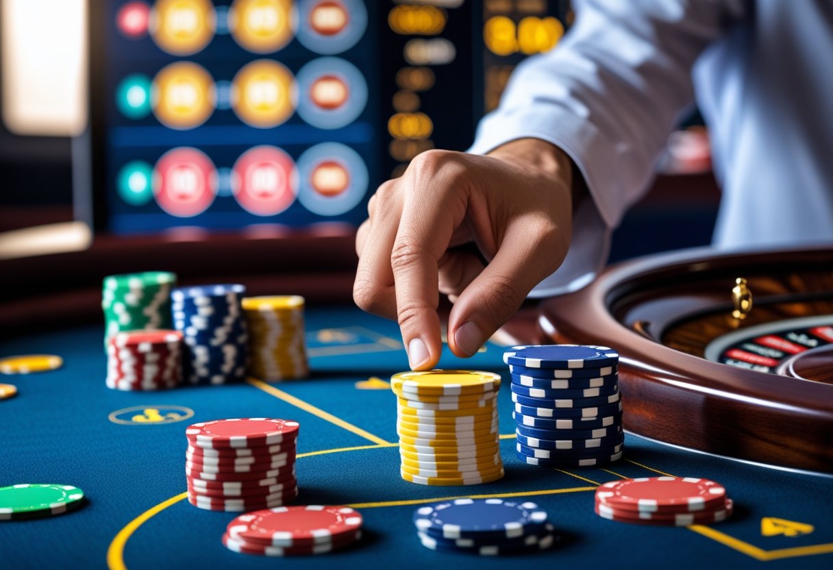Close-up of a casino table with chips, cards, and a roulette wheel, showing a hand placing chips while casino game statistics are visible in the background.