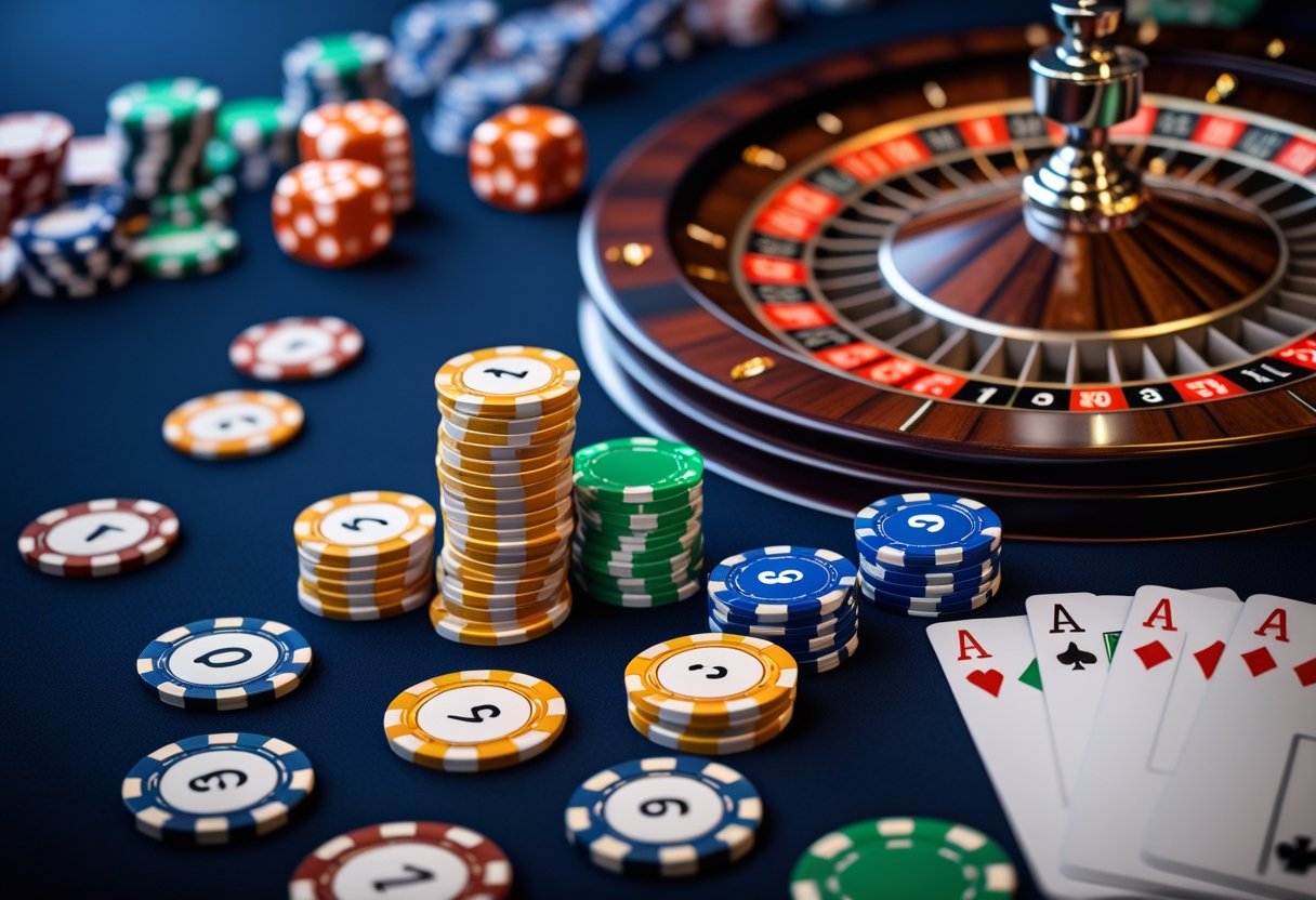 Close-up of a roulette wheel, dice, and blackjack table with chips and cards arranged to represent casino betting odds.