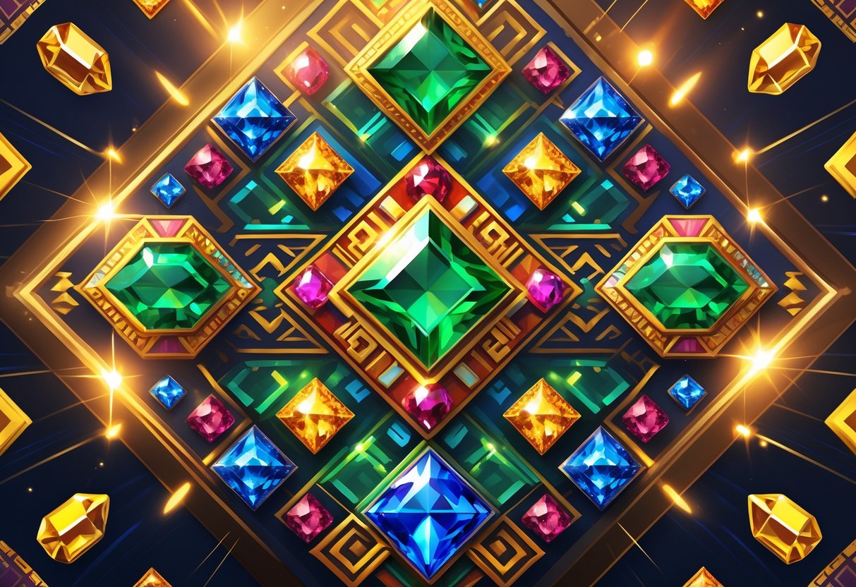 Ilustrasi pola Aztec dengan permata berwarna-warni yang bersinar dan motif kuno di latar belakang, menciptakan suasana kemenangan dan keberuntungan.
