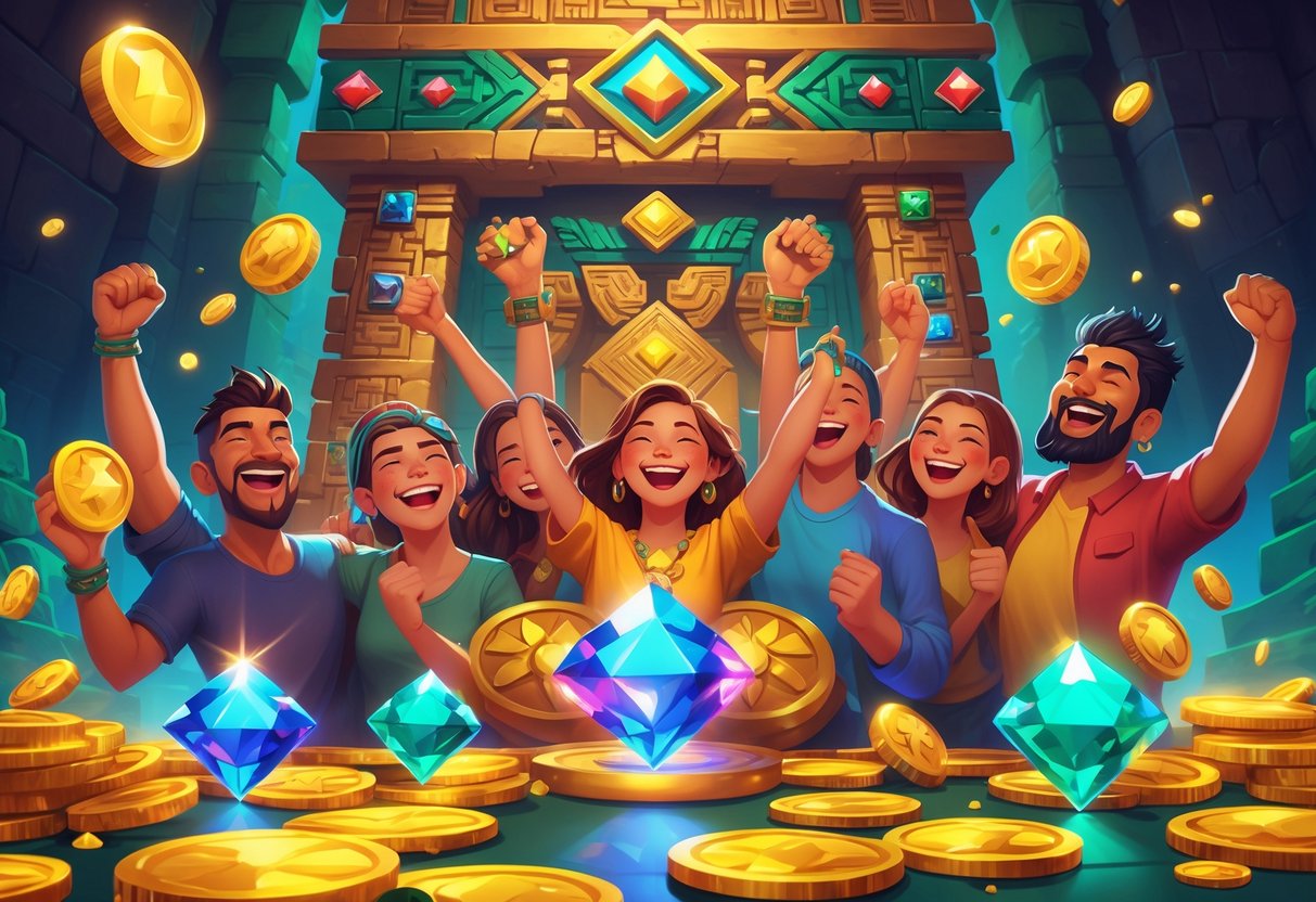 Sekelompok pemain yang gembira merayakan kemenangan besar di depan kuil Aztec dengan permata berkilauan dan koin emas di sekitarnya.