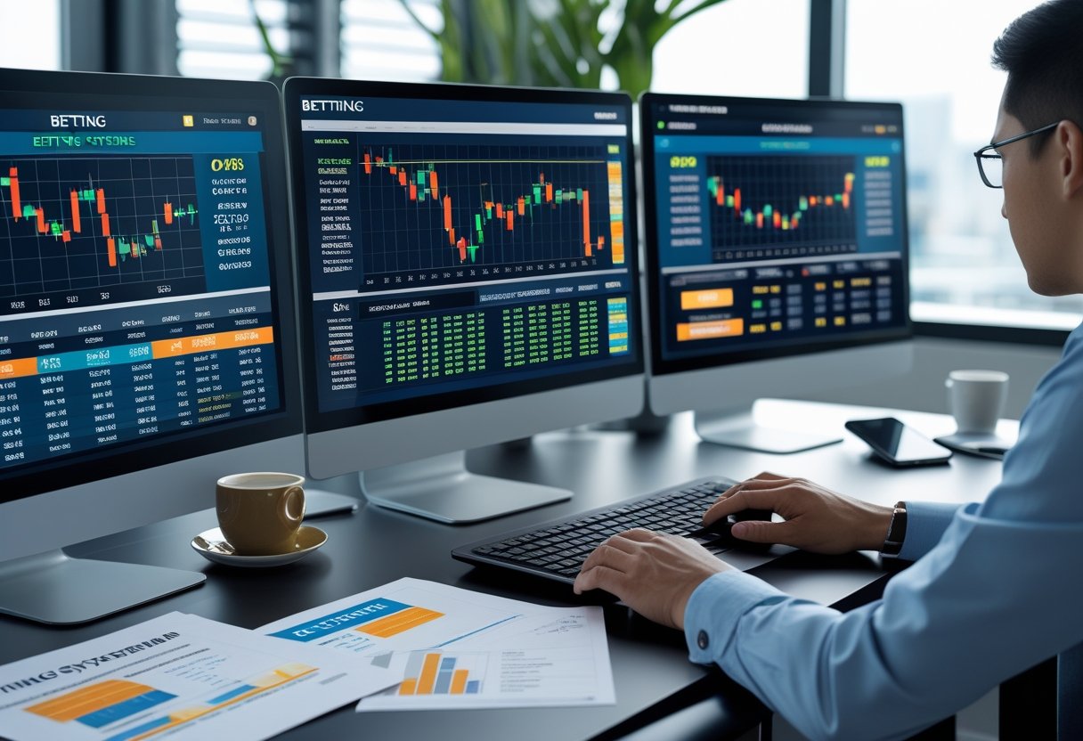 A person working at a desk with multiple computer screens showing betting odds and statistical charts in a modern office.