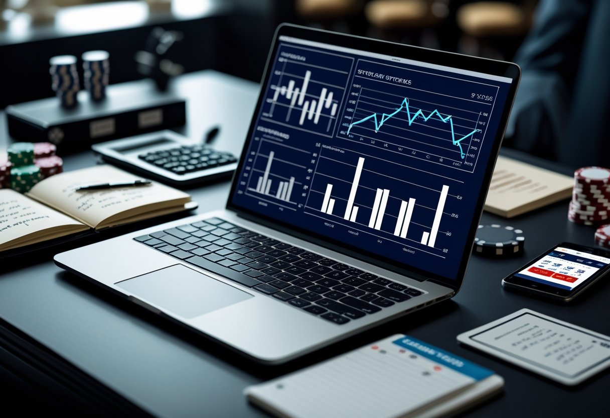 A workspace with a laptop showing betting charts, a notebook, calculator, smartphone with betting odds, and blurred poker chips and playing cards in the background.