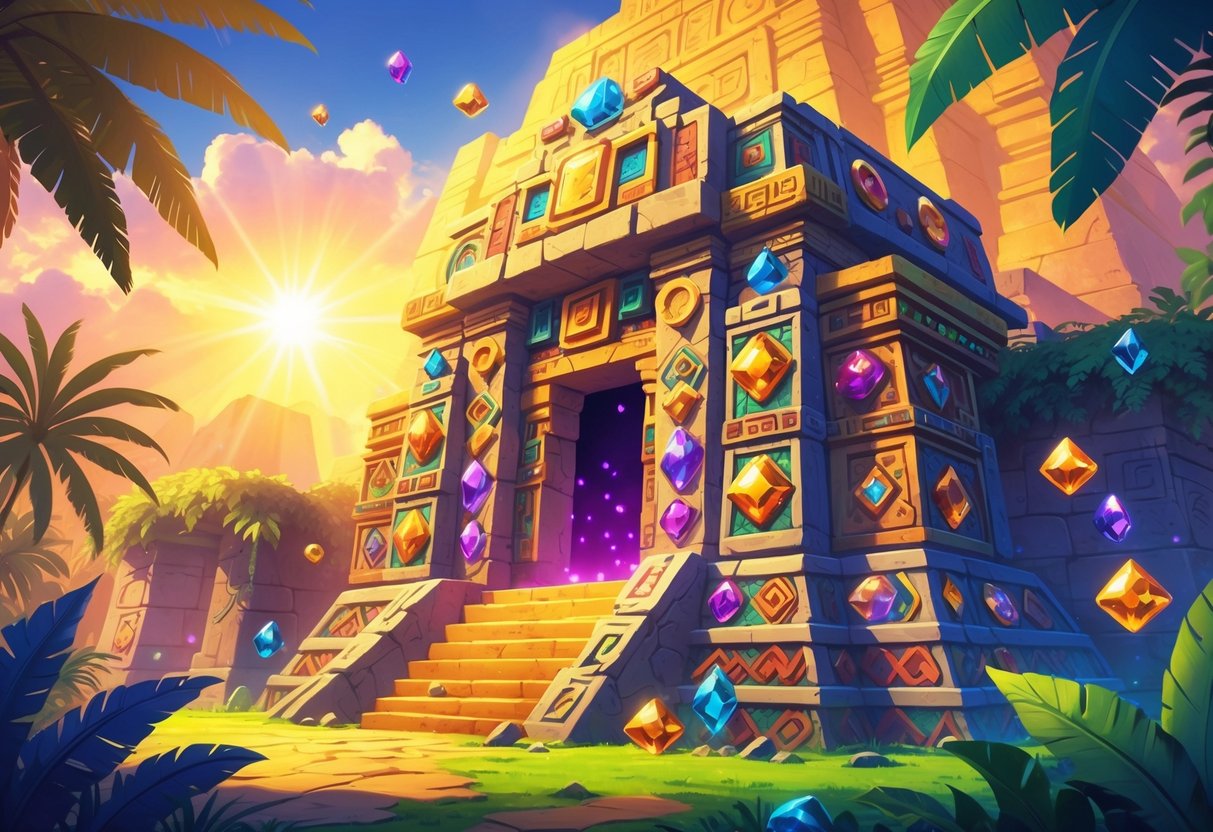 Sebuah kuil Aztec dengan permata berwarna-warni di tengah hutan yang rimbun dan sinar matahari cerah di latar belakang.