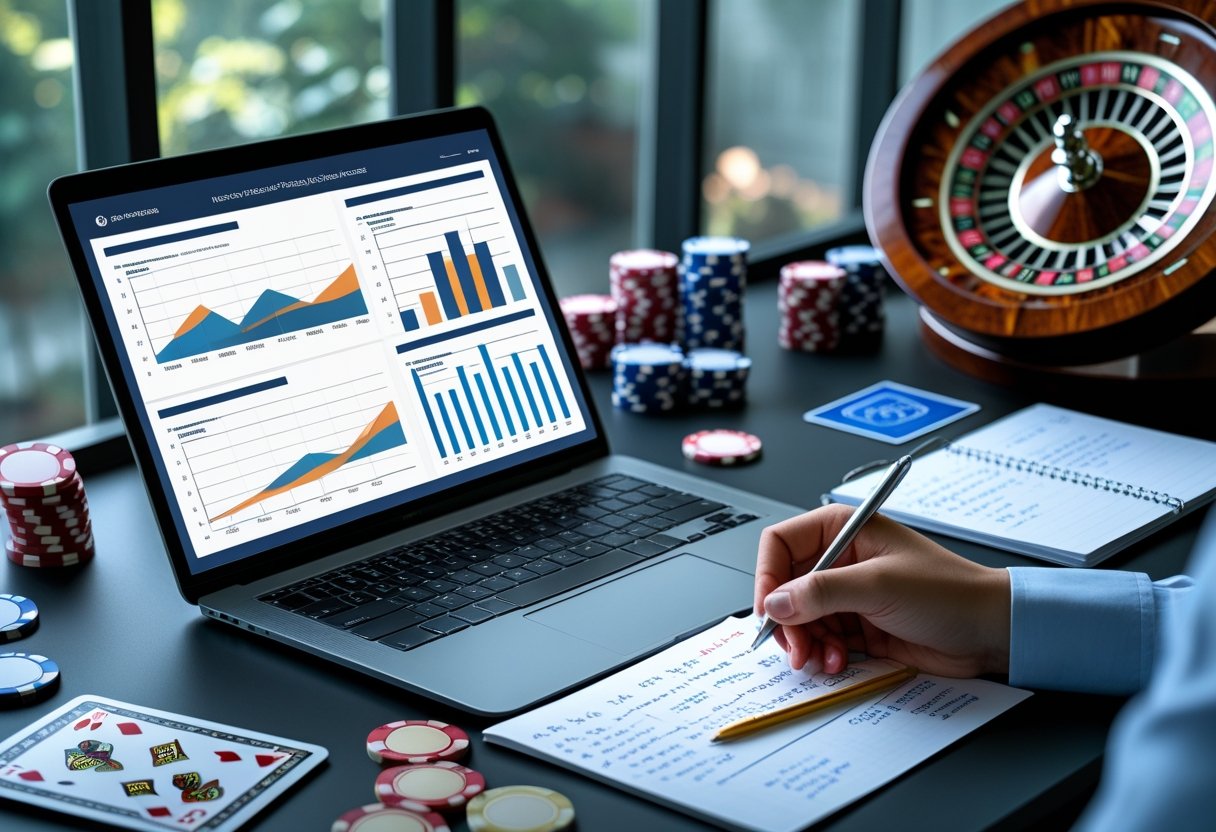 A workspace with a laptop showing betting charts, a notepad with calculations, poker chips, playing cards, and a roulette wheel, with hands writing notes.