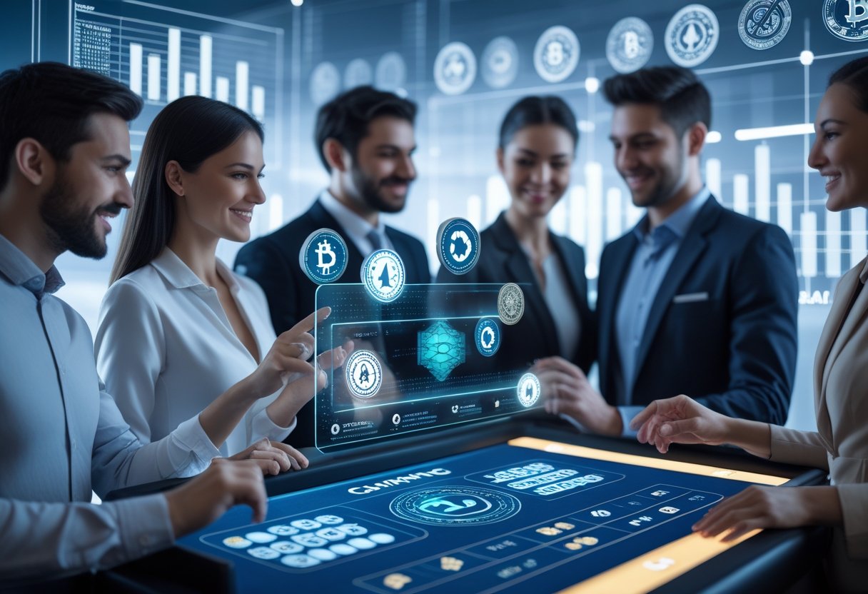People interacting with a transparent digital interface showing blockchain symbols and digital dice in a modern casino setting.