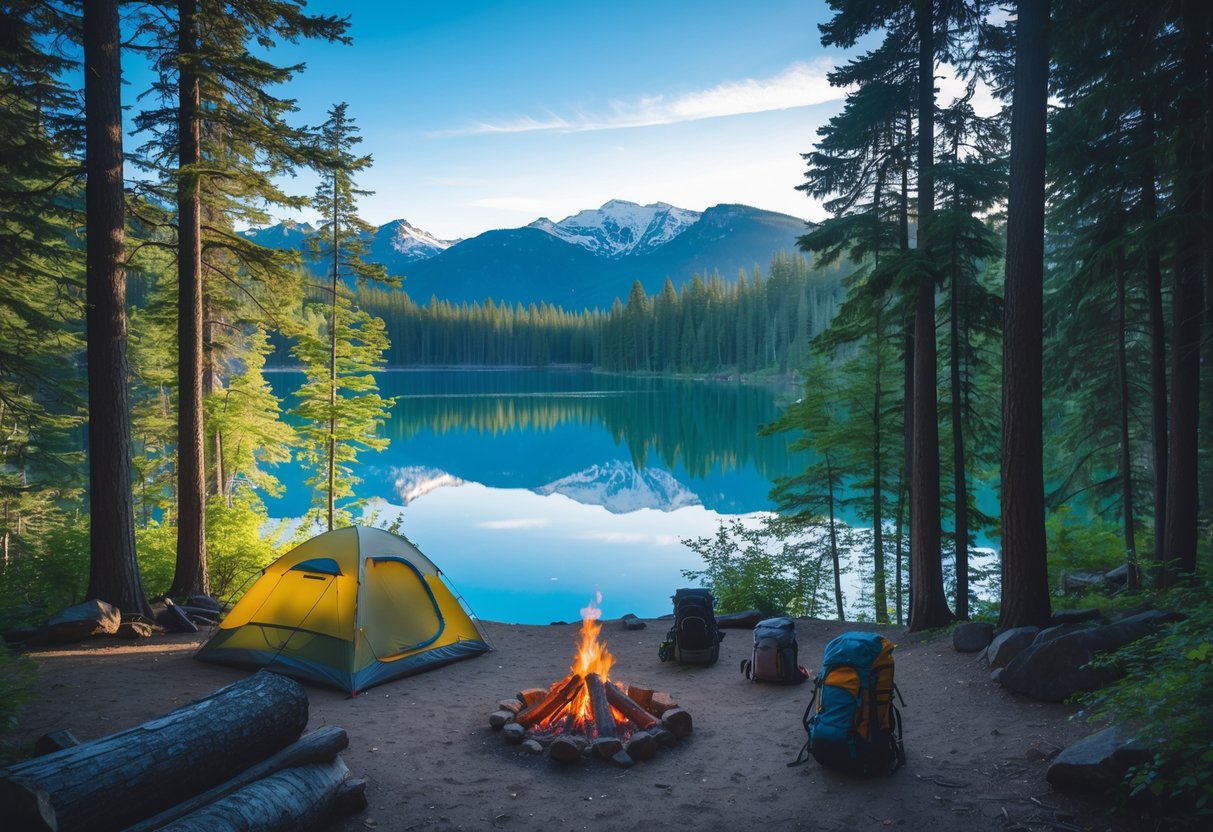 A peaceful forest clearing with a tent near a clear lake surrounded by evergreen trees and mountains in the background.