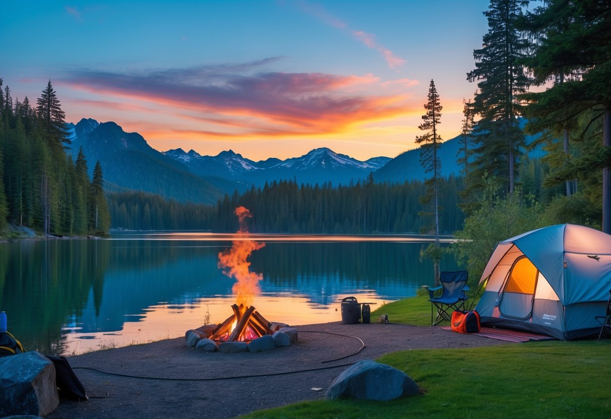 A peaceful campground by a lake with a tent, campfire, and surrounding evergreen trees and mountains at sunset.