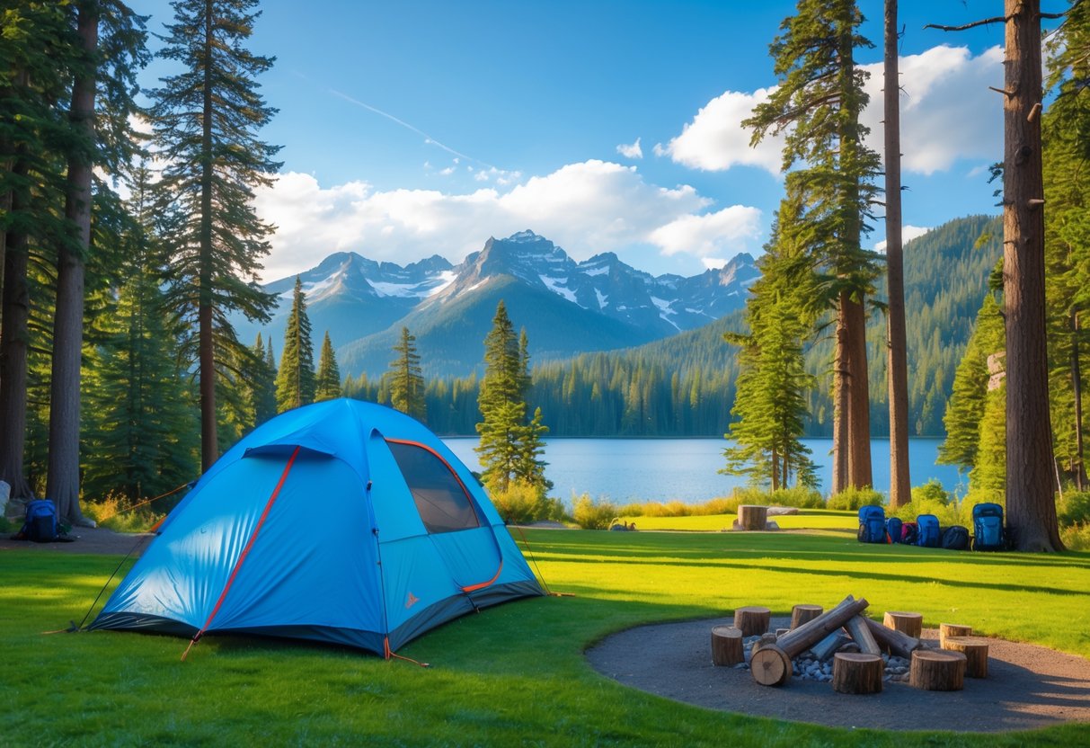 A campsite with a blue tent among evergreen trees near a calm lake and snow-capped mountains under a clear sky.