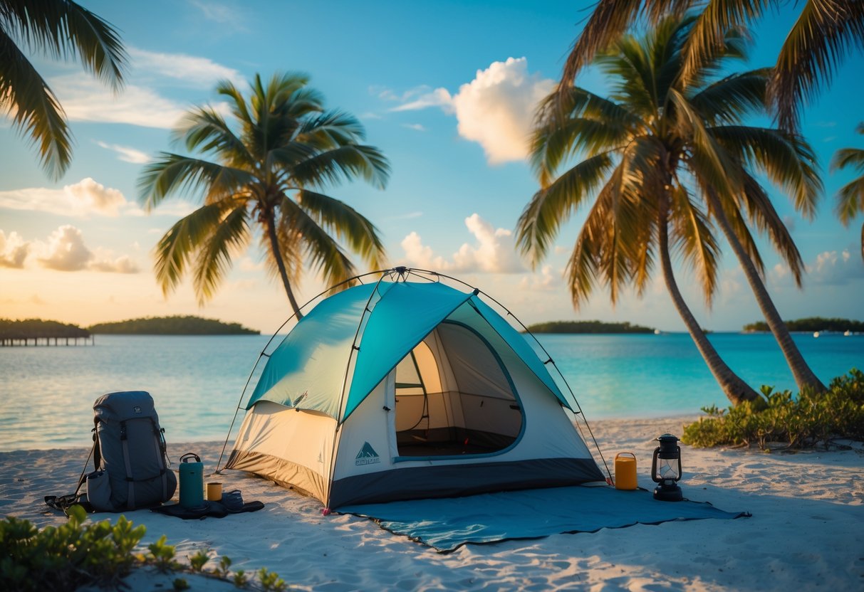 A tent set up on sandy ground near the ocean with palm trees and small islands in the distance under a clear sky.