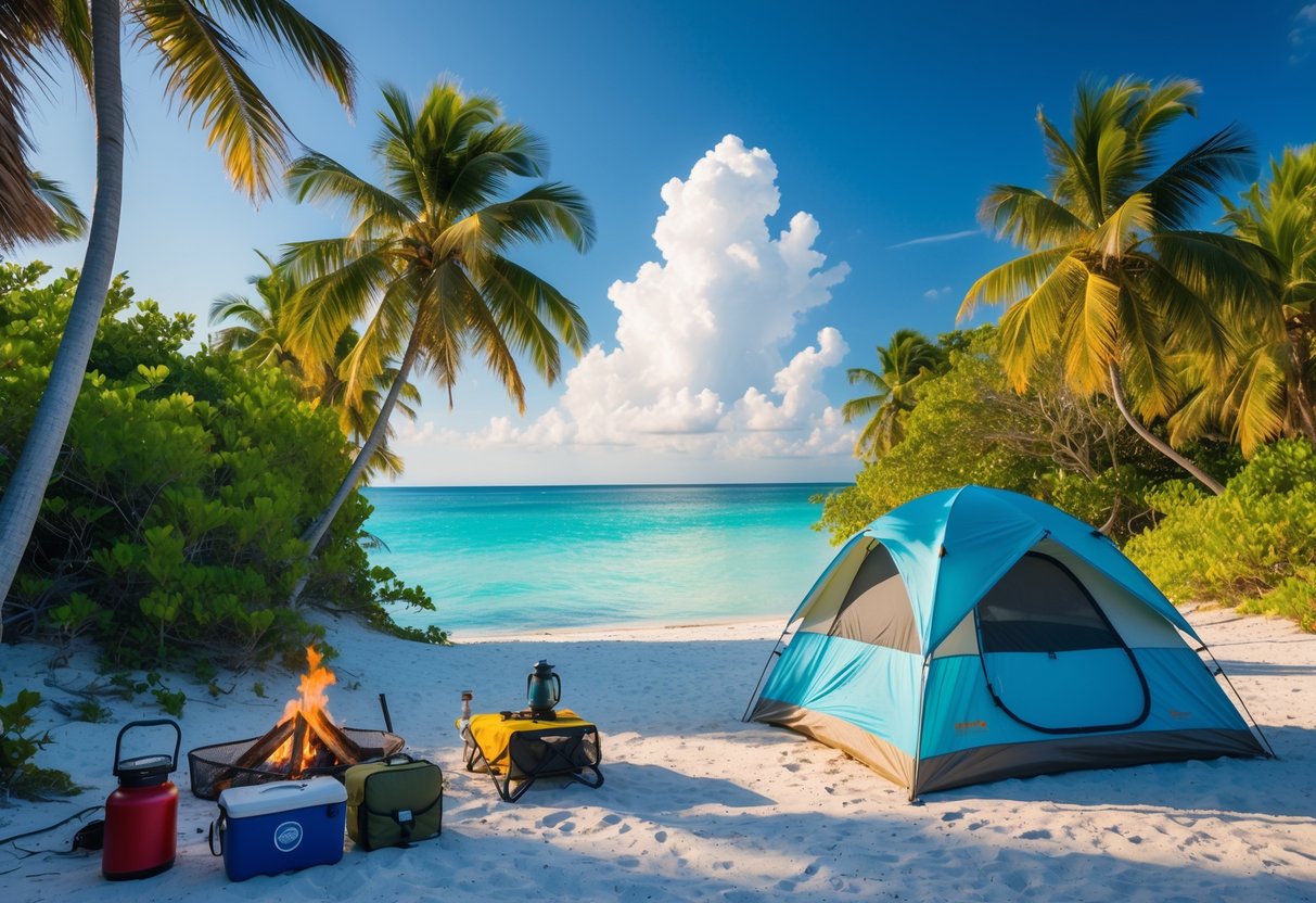 A tent set up on a sandy beach surrounded by palm trees with clear turquoise ocean water and blue sky in the background.